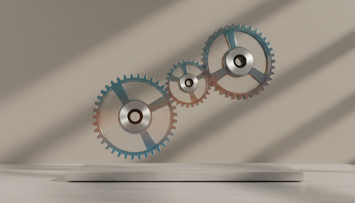 A visually striking scene featuring interlocking transparent glass gears with brushed silver cores, suspended in mid-air above a polished, neutral stone slab. Each gear reflects light in a subtle gradient, showing delicate engineering marks and seamless alignment. The background is a minimal matte taupe wall with symmetrical shadow patterns, emphasizing the crisp forms of the gears. Studio-quality soft box lighting enhances the reflective qualities of glass and metal while gently diffusing shadows. The composition uses the rule of thirds and a slight low-angle shot to impart depth and a sense of upward movement. The mood is methodical, innovative, and forward-thinking, embodying automation through minimalistic photographic clarity and refined corporate sensibility.