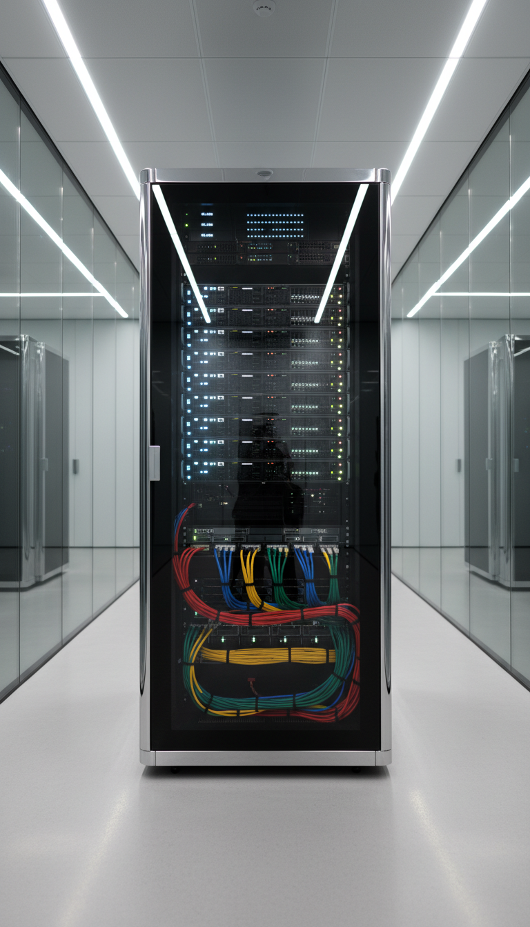 A close-up of a sophisticated, glossy black-and-chrome server rack with illuminated blue and white indicator lights, neatly bundled color-coded cables, and a transparent section revealing hardware arrays inside. The rack is positioned in a pristine data room with minimalist glass walls, pale concrete floors, and neutral wall colors. Cool LED overhead strip lighting casts crisp, soft-edged highlights on the metal surfaces, producing faint reflections and well-defined shadows without harshness. The atmosphere is precise and high-tech, evoking stability and reliability. Captured from an eye-level angle with the server rack centered, the image uses shallow depth of field for focus on hardware details against a blurred, uncluttered background. The overall style is clean, professional photographic realism with a corporate edge.
